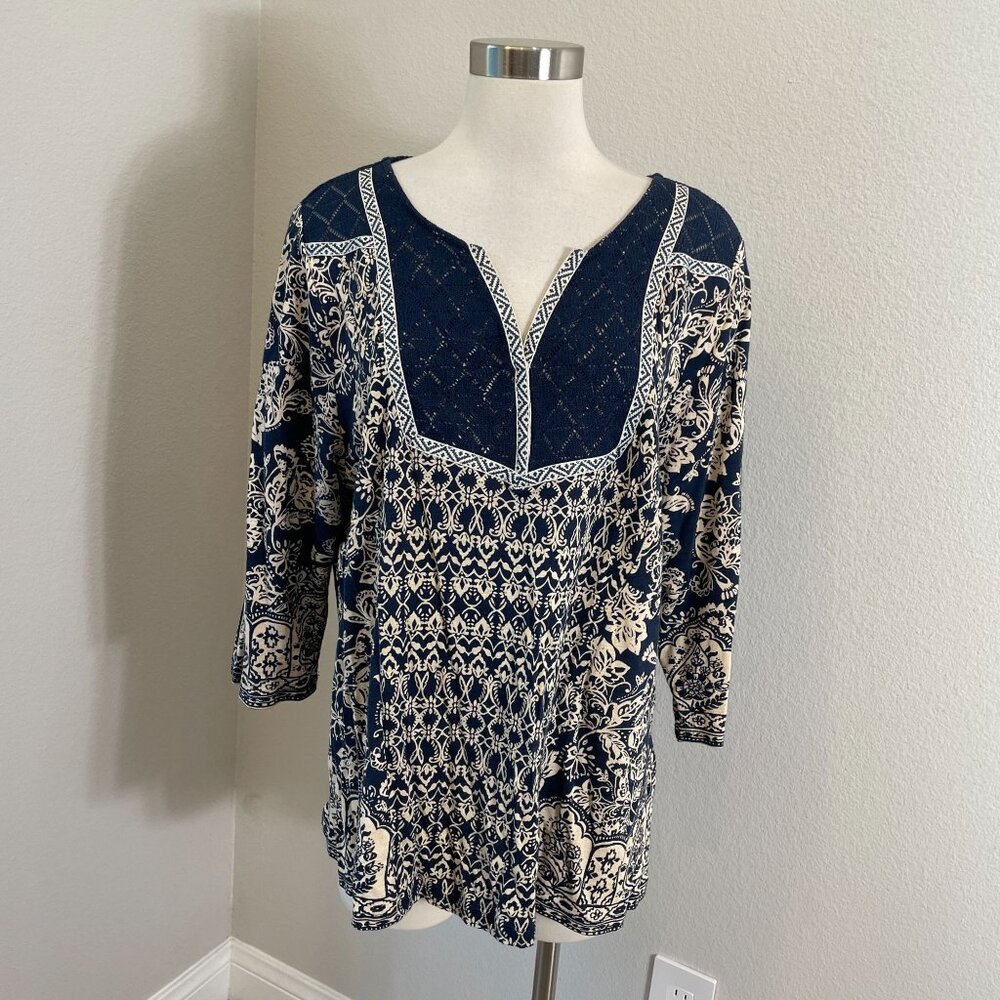 Lucky Brand Womens Plus 2X Navy Cream Boho Tunic Top Lace‎ Accent Shirt